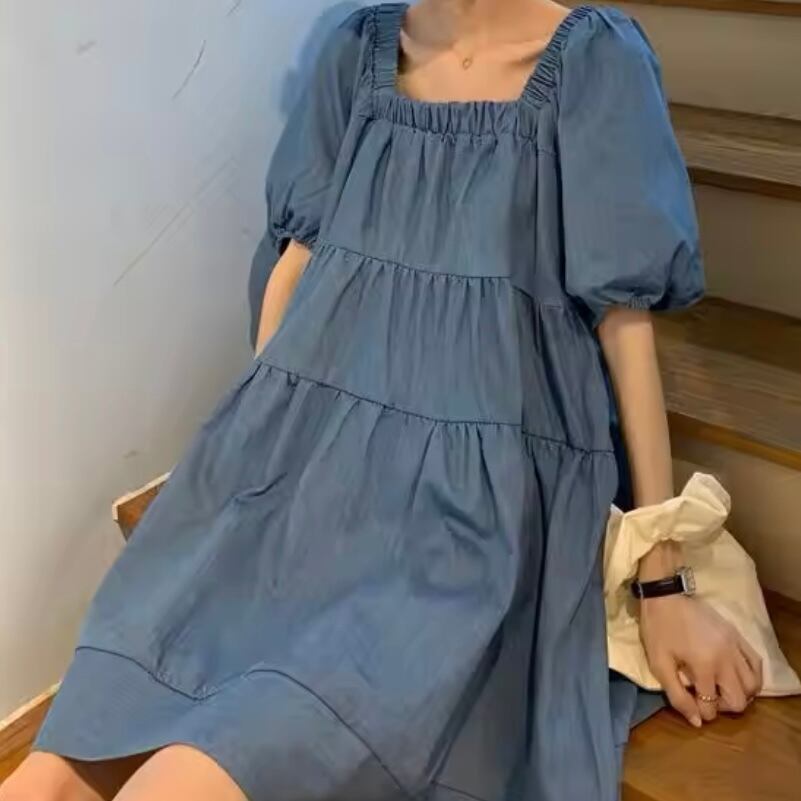 スクエアネックデニムティアードミニワンピース