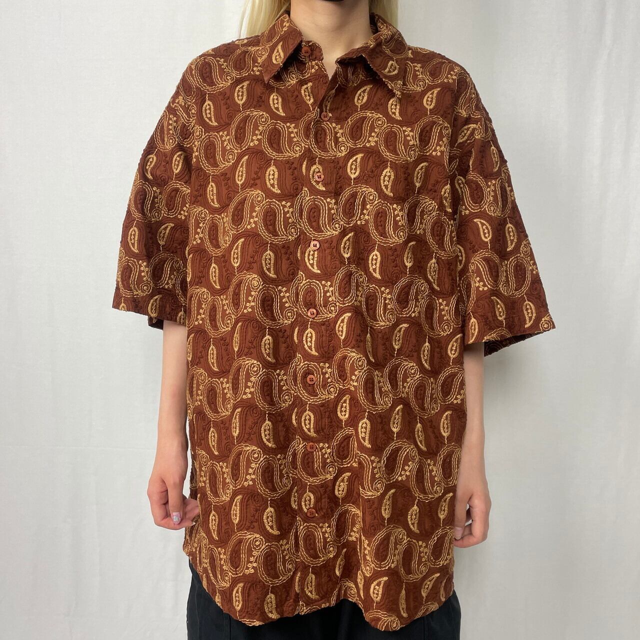 総刺繍 ペイズリー柄 コットン 総柄シャツ メンズXL相当 古着 ブラウン