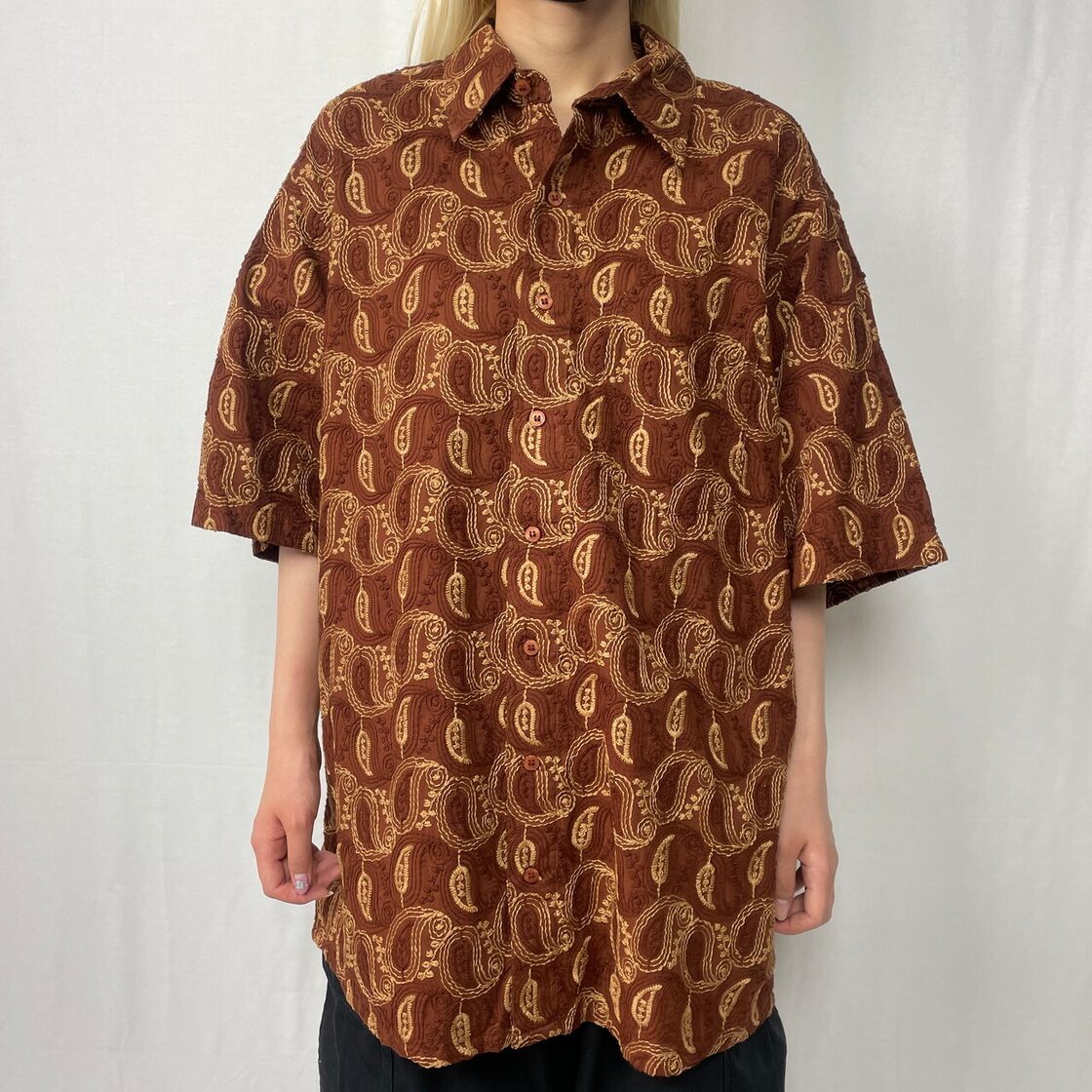 総刺繍 ペイズリー柄 コットン 総柄シャツ メンズXL相当 古着 ブラウン 