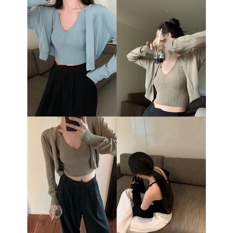 オータムレッドホルターショートニットカーディガンセット 秋物 ガールズファッション68517269924