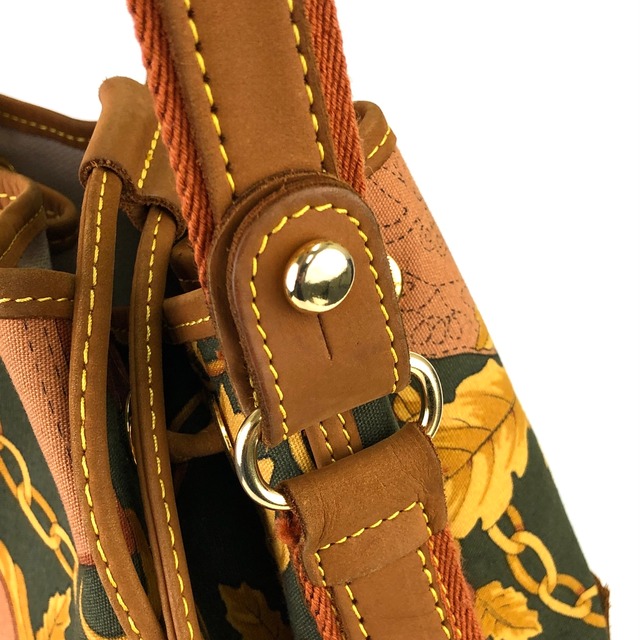 LOEWE ロエベ　アナグラム　総柄　巾着　ドローストリング　キャンバス×レザー　ショルダーバッグ　グリーン×ブラウン　vintage　ヴィンテージ　オールド　45a7dw