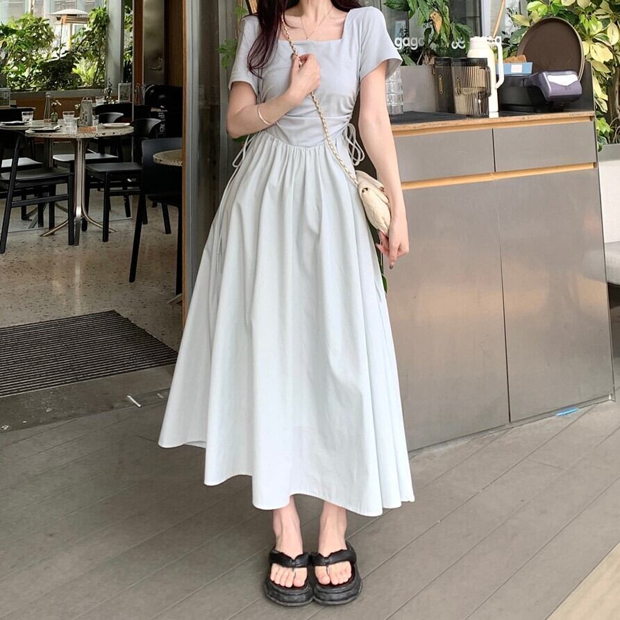 【着用レビュー】ワンピース レディース 大きいサイズ 送料無料 2色 ロングワンピース ドッキングワンピース 半袖 スクエアネック ハイウエスト かわいい 大人可愛い きれいめ シンプル 上品 エレガント 清楚 フェミニン おしゃれ お洒落 綺麗 お嬢様 おとな ナチュラル こなれ感 ラブリー キュート ガーリー ロマンチック 学生 通学 デート お出かけ 女子会 休日 L XL 2XL 3XL 4XL ブラック 黒 ブルー 春 夏 秋 10代 20代 30代 韓国 韓国系 着回し 普段使い モテ