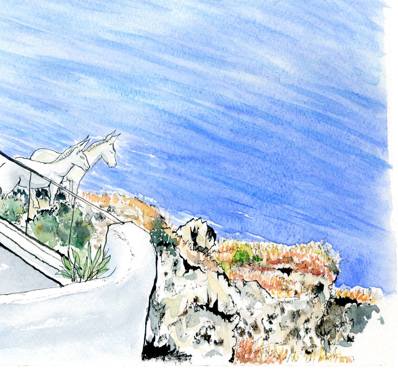 ギリシャ、サントリーニ島のプール付きテラス | 中村洋一葦ペン画