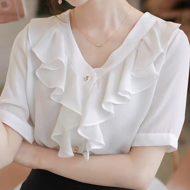 フリル＆Vネックシフォンブラウス Me0083