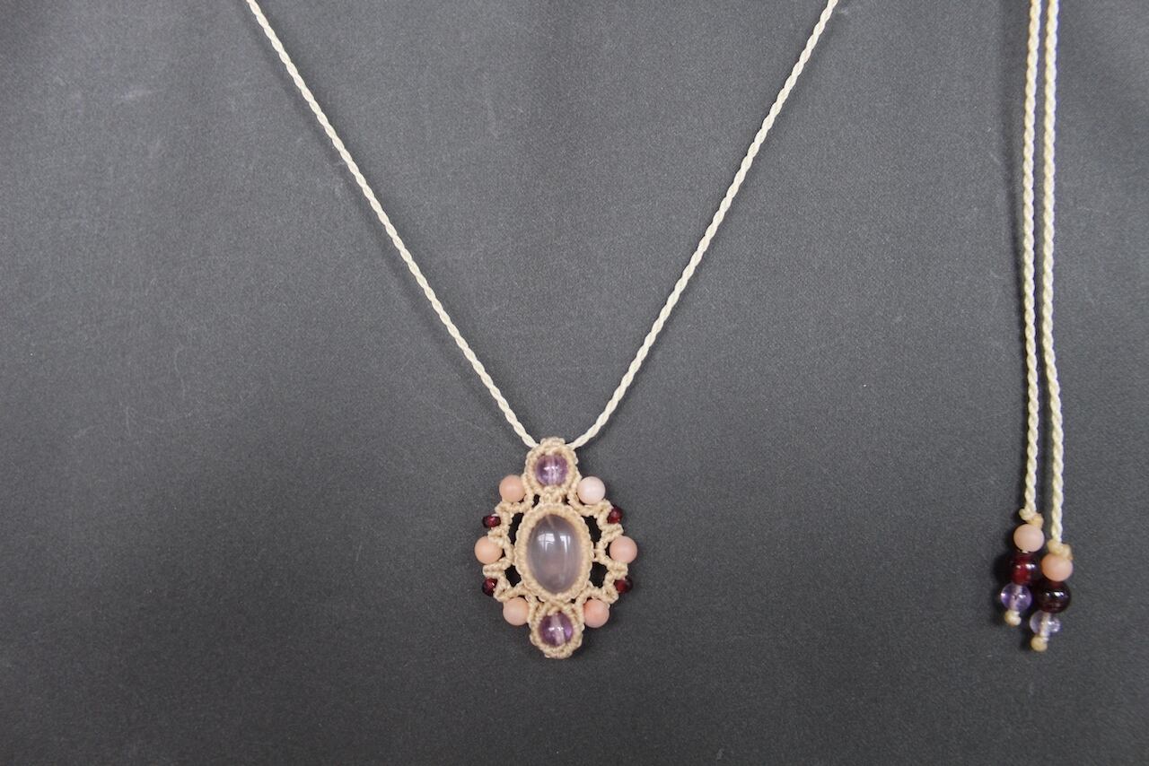 Rose quartz stone mandala micromacrame pendant