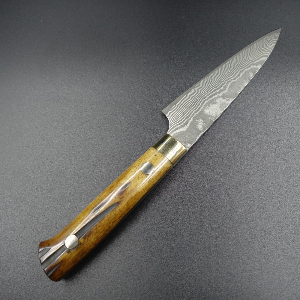 佐治作 ペティナイフ VG10 黒染めダマスカス 90mm 黄鹿角柄 越前打刃物