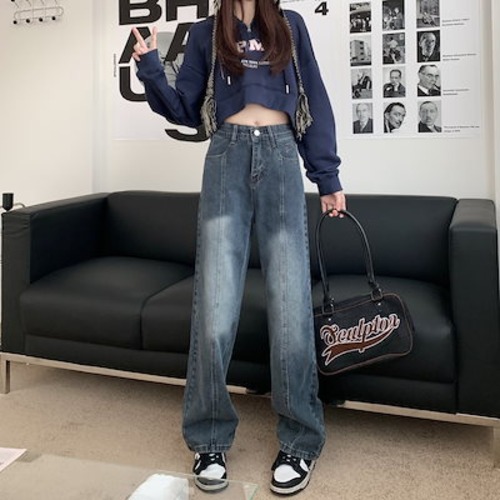 2024 春夏 パンツ デニム ジーンズ ロング丈 ストレート ジーンズ ゆったり ハイウエスト 脚長効果 レッグ美脚効果 細見え 秋 カジュアル ストリート 加工 韓国ファッション お出かけ