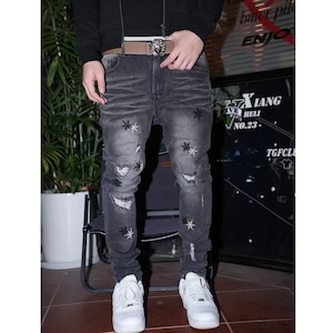 【DRIP6528】TGF Snowflake Embroidered Slim Fit Skinny Denim