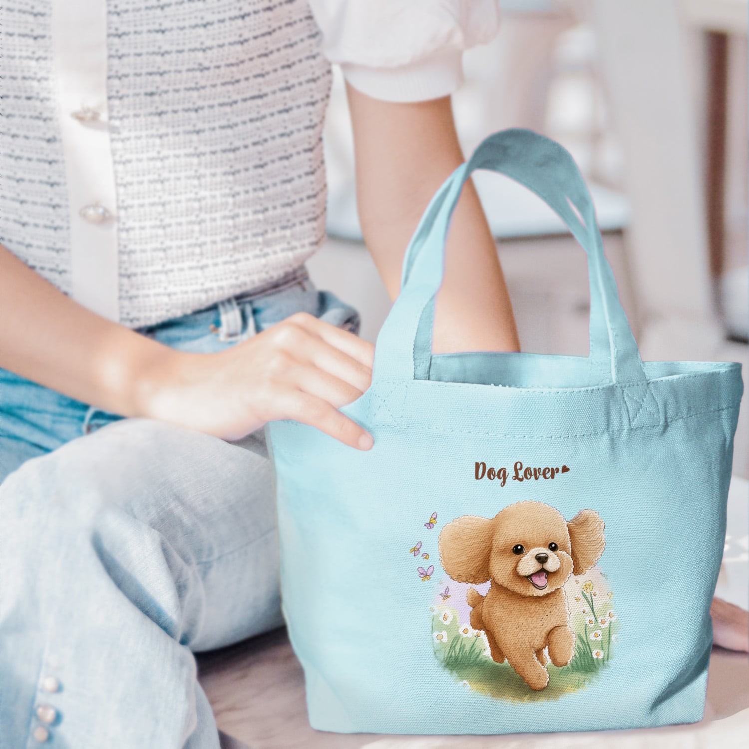 自然に囲まれた トイプードル 】 ミニキャンバス トートバッグ 犬