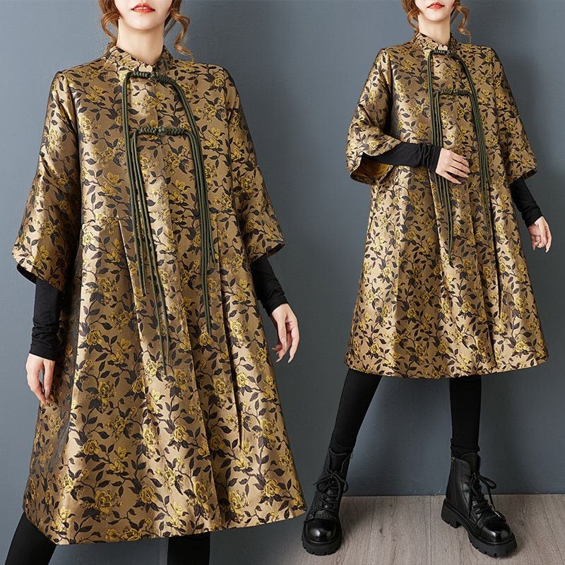 FLORAL EMBROIDERED STAND COLLAR LOOSE LONG COAT M-18836