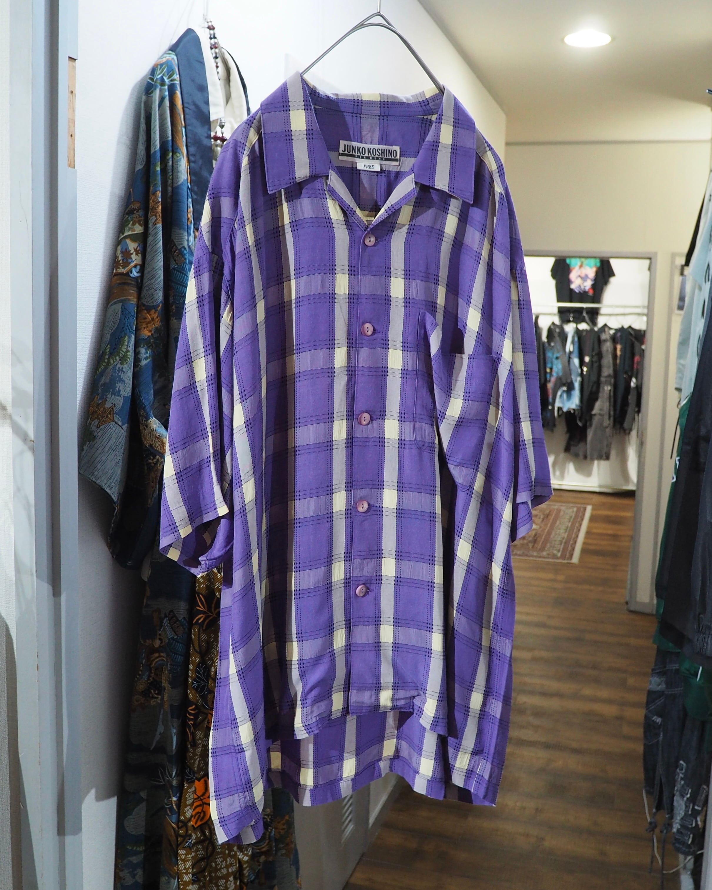 1990s " JUNKO KOSHINO " White Purple Check pattern vintage Open collar SS shirt