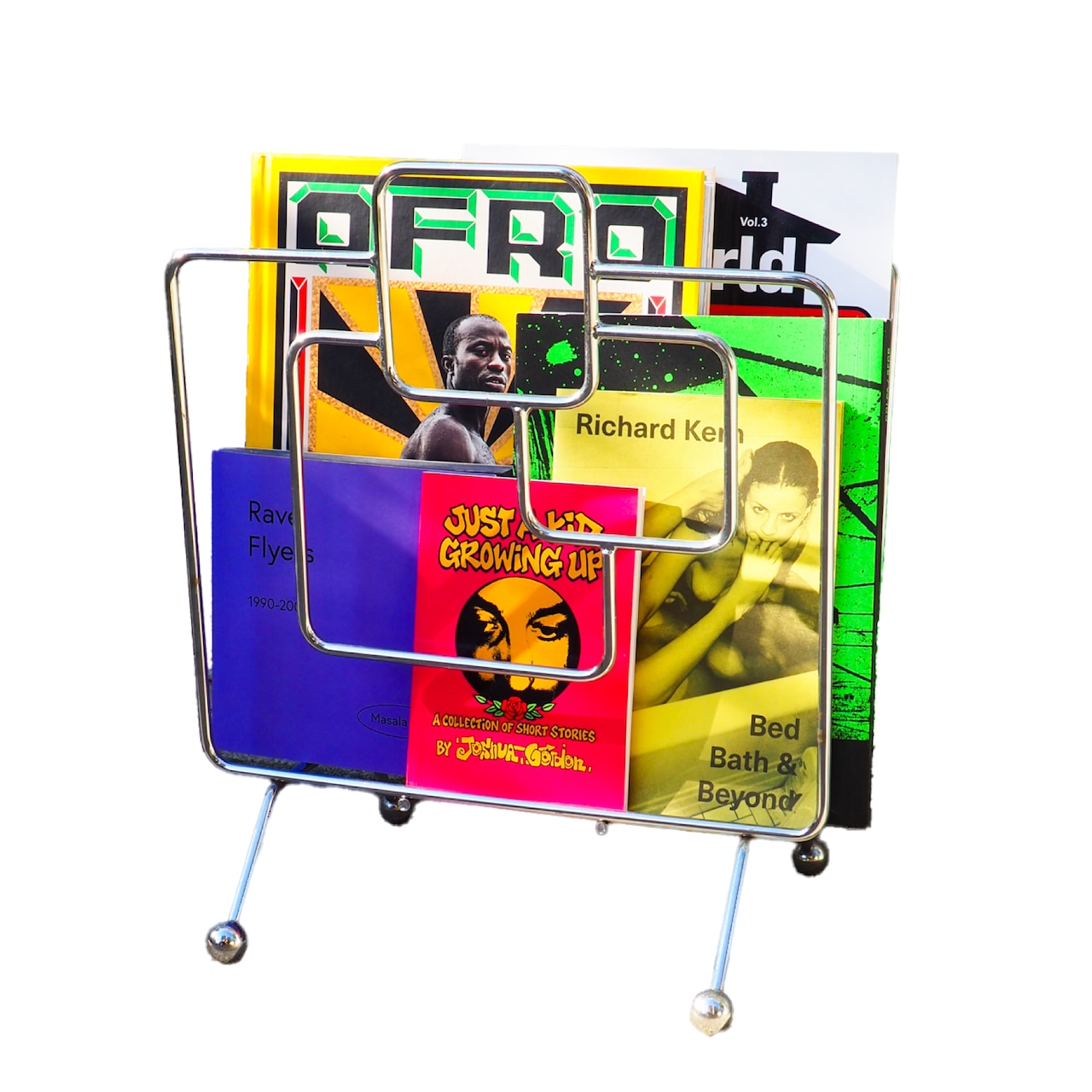Chrome-plated geometric wireframe magazine rack