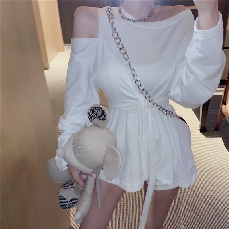 Tシャツ シャツ ルーズスタイルストラップレススプリングウェストホワイトトップス ロング 春物 ブラックストロベリース66908977113