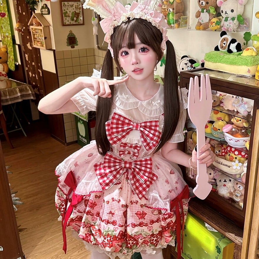 ハンドメイド　ロリィタ　ギンガムリボンスカート ロリータファッション 甘ロリピンク苺柄ギンガムリボンジャンパー