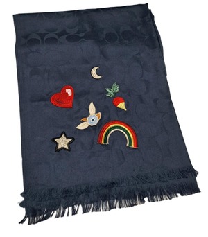 コーチ シグネチャー ネイビー ストール 紺 スカーフ アップリケ マフラー COACH レディース 【中古】0418g1491