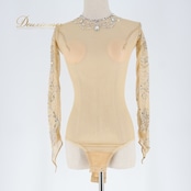 ダンス 衣装 トップス レオタード ベージュ系 新体操 社交ダンス フィギュアスケート ボディスーツ ラインストーン 競技 競技用 ダンス衣装 イベント ステージ 伸縮 ストレッチ 花 上品 華やか シルバー系