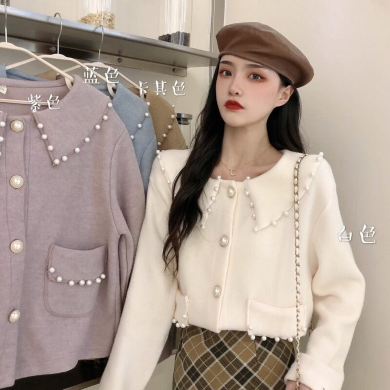 カラーパールボタンセーター オータムスタイルコート トップス 秋物 真珠 萌量不足37582252573