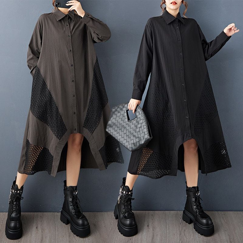 MESH PANEL POLO COLLAR LONG SLEEVE SHIRT DRESS M-18128