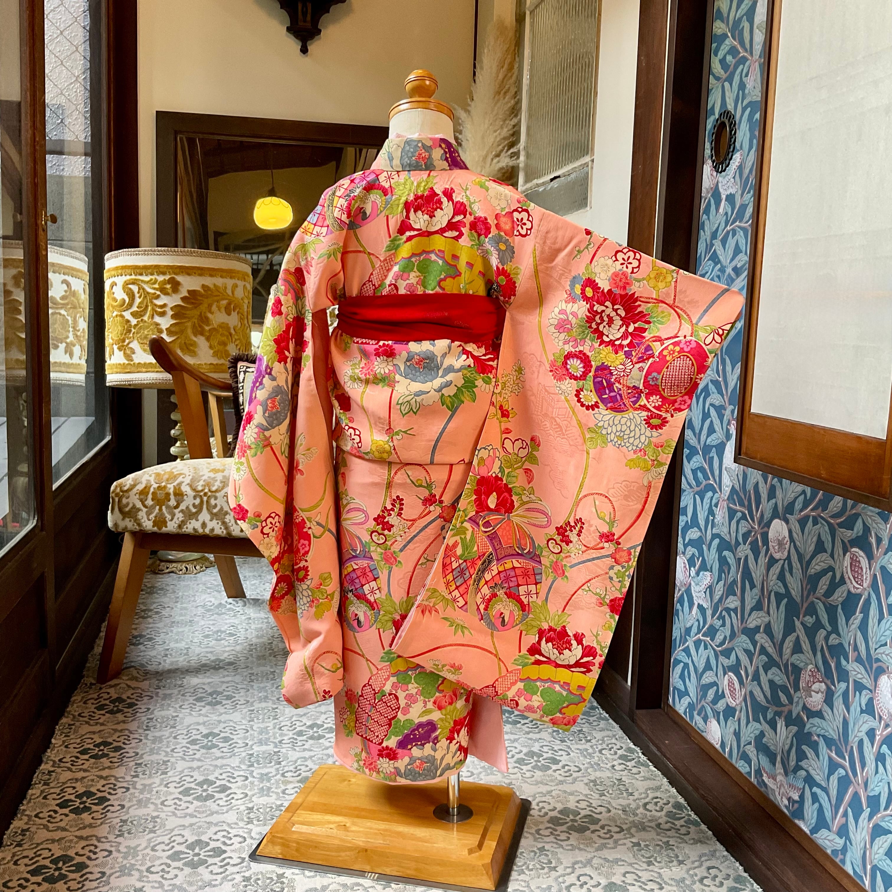 花鼓の舞＊三歳 七五三＊フラミンゴピンク 牡丹 鼓 扇 アンティーク