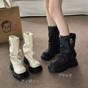 厚底 ブーツ レディース 秋冬 ミドルブーツ 韓国 ストリート Y2K トラックソール くしゅくしゅ ドレープ 金具 ベルト エンジニアブーツ 甘辛MIX モード 美脚見え デート ライブ イベント [LW-CGS002]