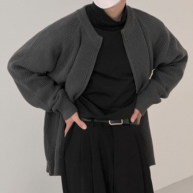 【予約販売】カーディガン ニット メンズ アウター ジップアップ 無地ラウンドネック 無地 ネイビー グレー カジュアル シック 男前 こなれ感 お洒落 韓国 トレンド 秋 冬 M/L/XL/2XL