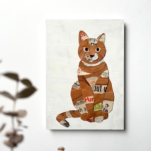 Leather collage art (cat) Cat A4 size Wooden panel