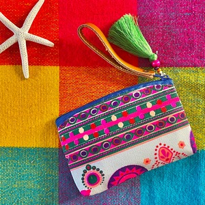 コスメポーチミニマム（マチなし）❤️ホワイトグリーンピンク×グリーンタッセル