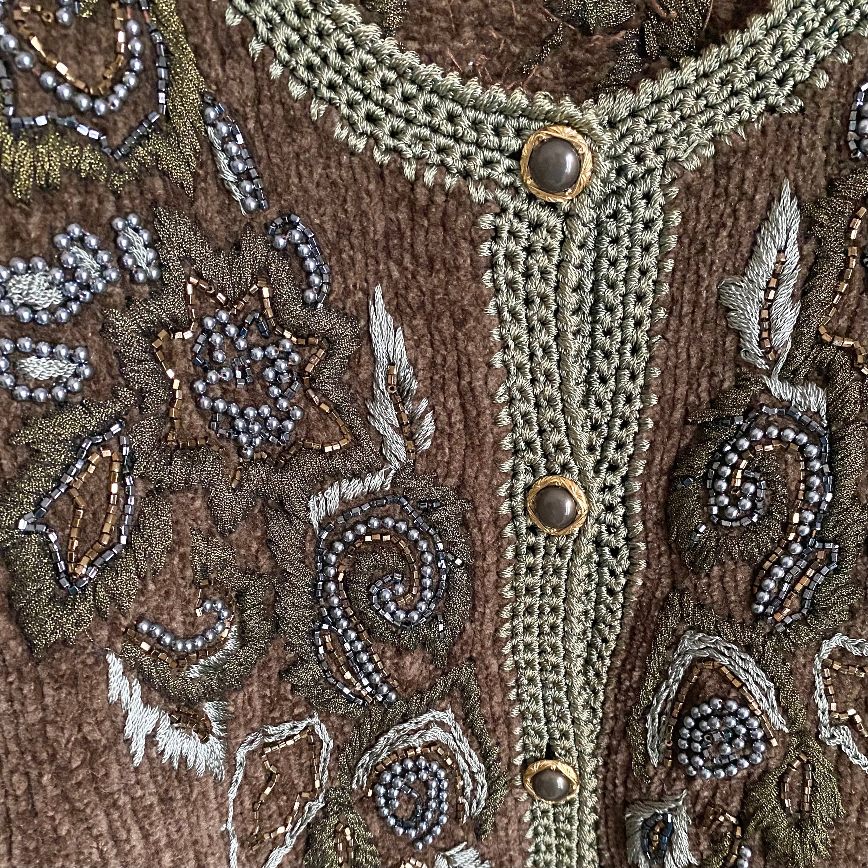 Vintage 70s〜80s retro botanical beads embroidery knit cardigan