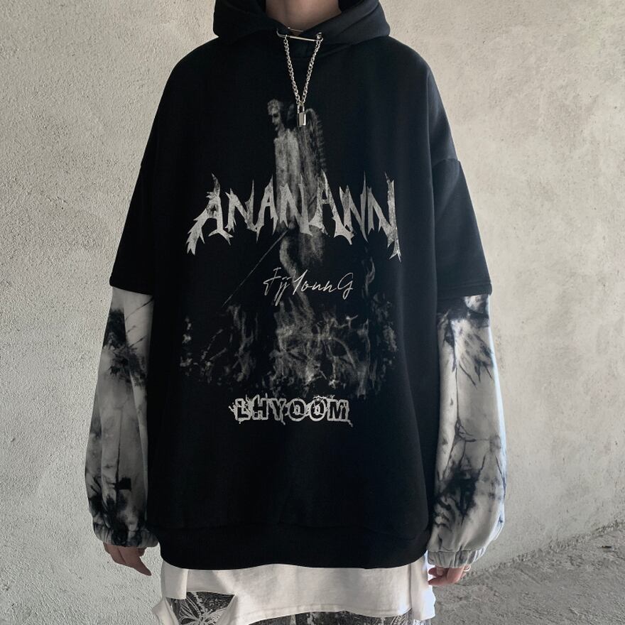 サブカル 服 地雷系 通販 メンズ フェイクツーピース フーディ 闇かわいい 悪霊プリント プルオーバー ヒップホップ