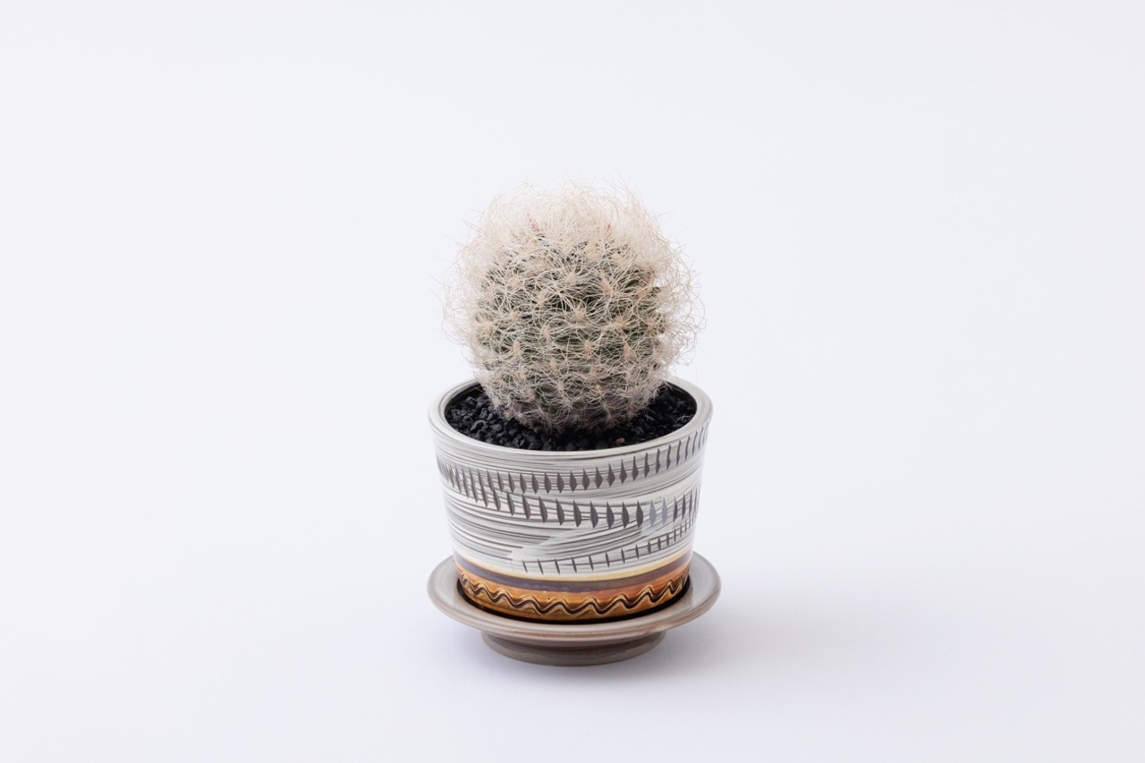 <Sold Out> 小鹿田焼 / 坂本浩二窯 坂本拓磨 : 植木鉢 抜きとびかんな 藁引き 白 (4寸-角鉢-1) 受け皿セット
