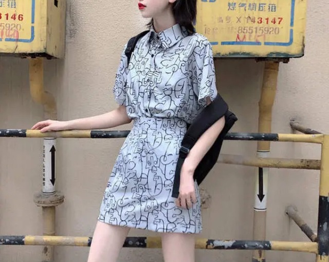 オルチャンファッション ストリート系 セットアップ 襟付き 流行 上下セット シャツ チェック ツーピース かわいい 個性的 ミニスカート プリント   韓国ファッション