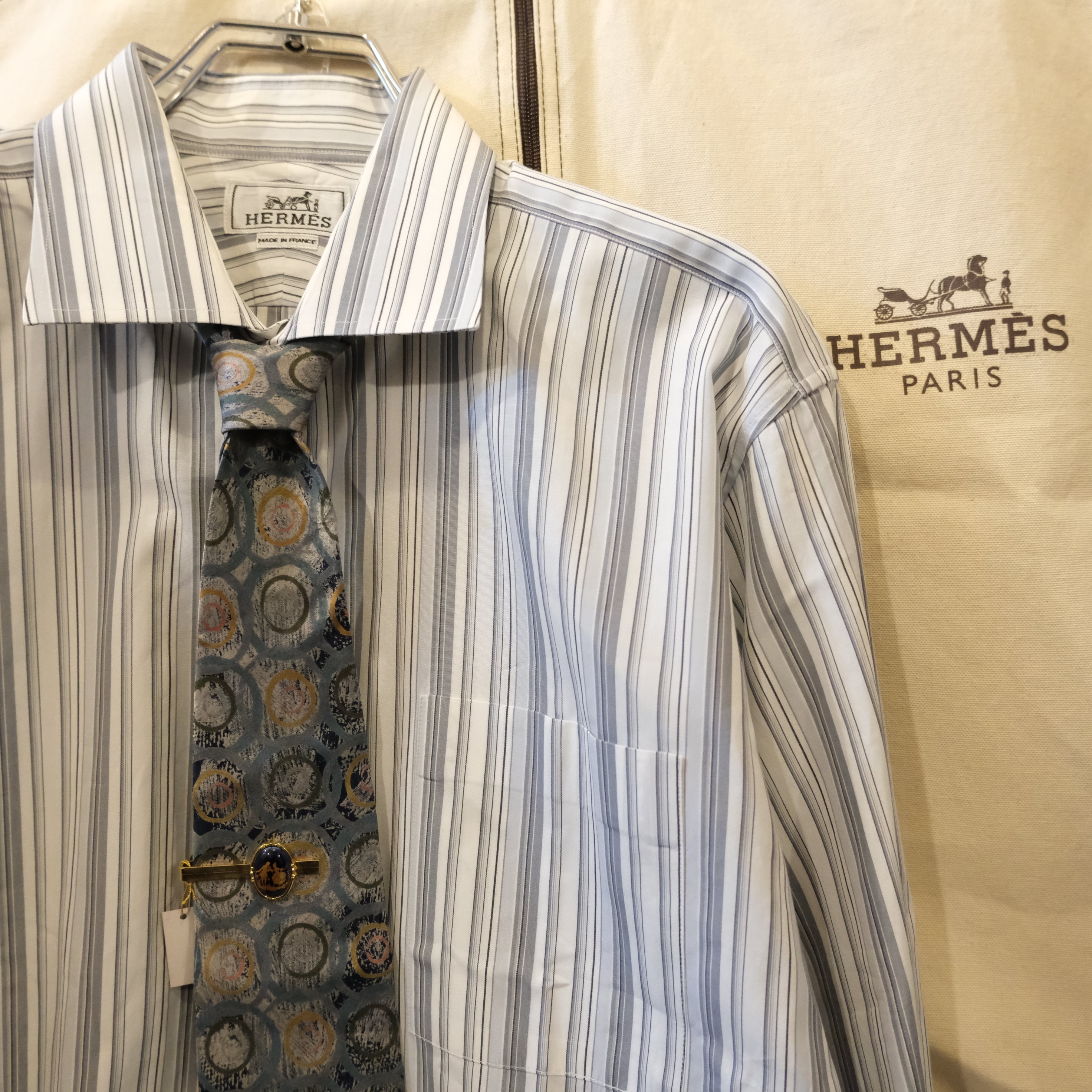 Charvet グレーストライプシャツ 39 HERMES シャルベ アルニス HERMES MADE IN FRANCE STRIPE SHIRT エルメス フランス製 ストライプ