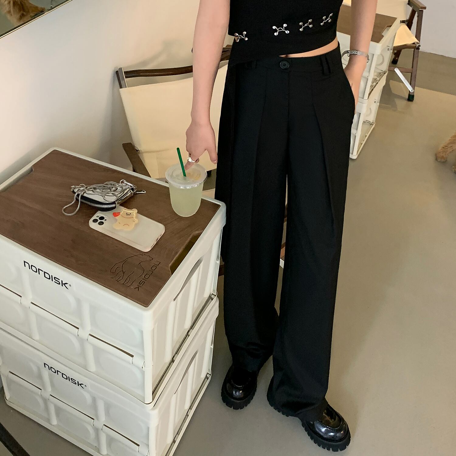 ブラックハイウェストオーバーオール サマーカジュアルパンツ レディース 夏物 HUCHUJING40285954983