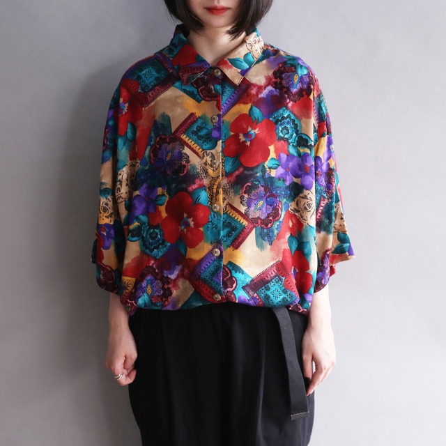 flower art pattern h/s rayon shirt
