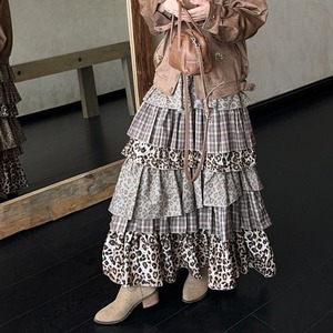 leopard plaid long tiered-skirt　2litr05933