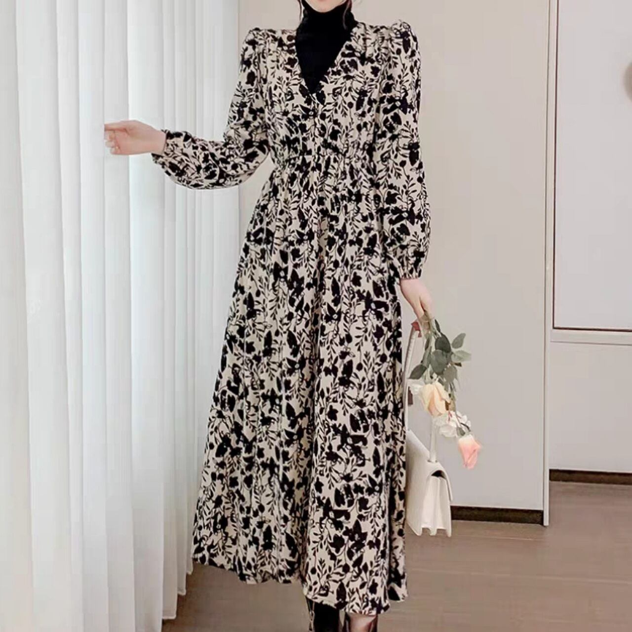 【S-2XL】ハイネック ドッキング ワンピース