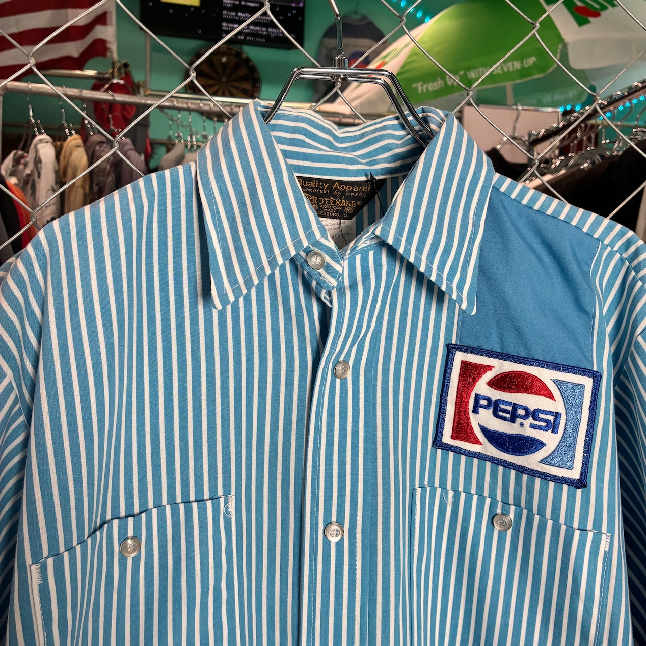 80s USA製 PEPSI ストライプワークシャツ 企業 ペプシ