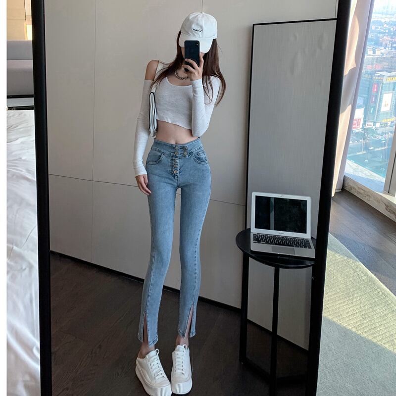 ジーンズ ハイウェスト薄手 ブラックストロベリース50682483836