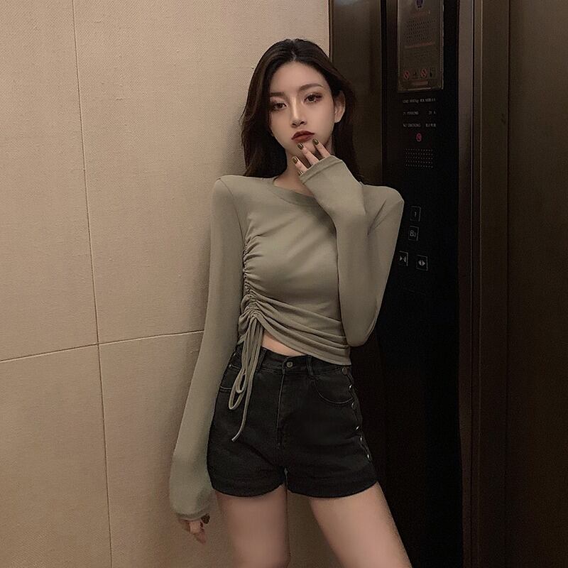 プリーツスリムブラウス オータムラウンドネックTシャツ ロング 秋物 Oネック ピュア ガールズファッション10946978649