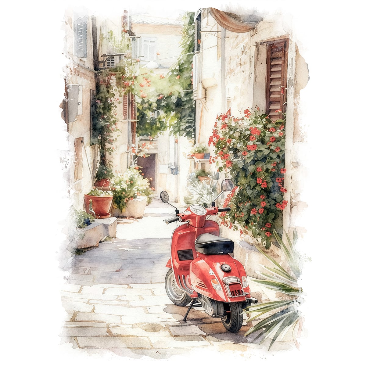 絵画 イタリア 風景画(街並み) ベスパのある風景 インテリアアート額付き 水彩画・油絵調 WAT0202