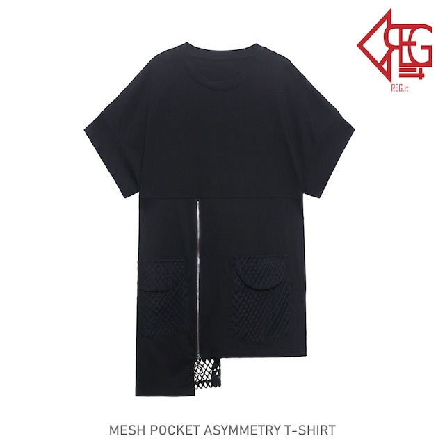 【REGIT】【即納】MESH POCKET ASYMMETRY T-SHIRT S/S 韓国ファッション トップス 半袖 Ｔシャツ カットソー オーバーサイズ ユニセックス 個性的 メッシュ 10代 20代 着映え 映える ネット通販 TPT078