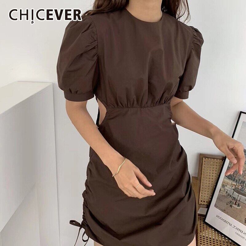 CHICEVERホローアウトドローストリングシャーリングレディースドレスOネックパフスリーブチュニックウエストドレス2020服 6base592389218629