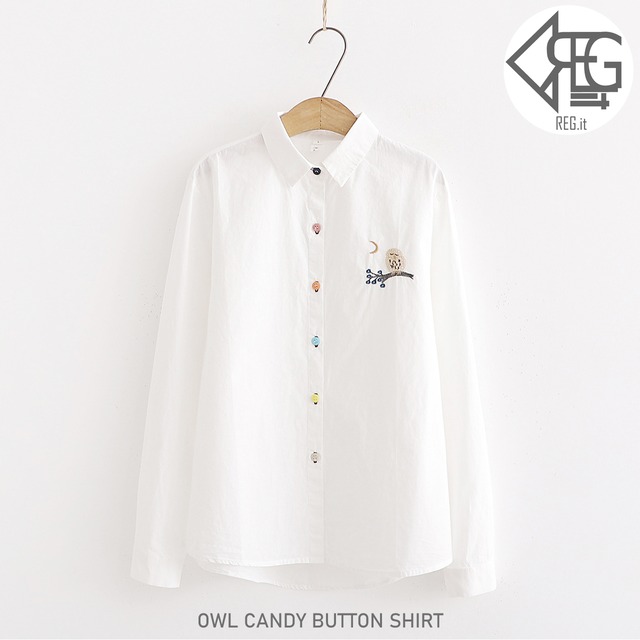 【REGIT】【即納】OWL CANDY BUTTON SHIRT-WHITE 韓国服 トップス シャツ ブラウス フクロウ 森ガール 10代 20代 プチプラ 着回し 着映え ネット通販 S/S