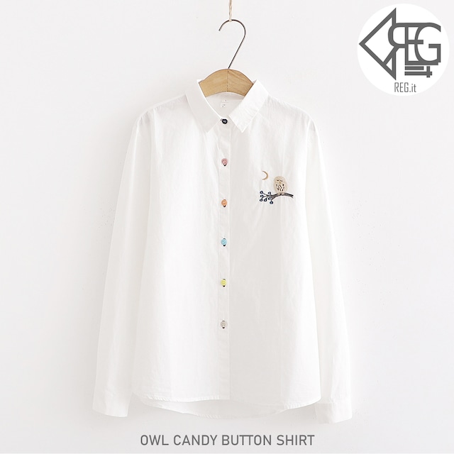 【REGIT】【即納】OWL CANDY BUTTON SHIRT-WHITE 韓国服 トップス シャツ ブラウス フクロウ 森ガール 10代 20代 プチプラ 着回し 着映え ネット通販 S/S