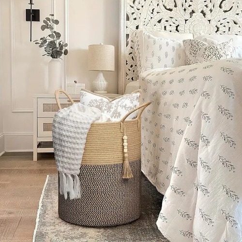 丸型 ランドリーバスケット ロープ編み ハンドル付 衣類収納 小物収納 高さ50cm ３色 おしゃれ 北欧