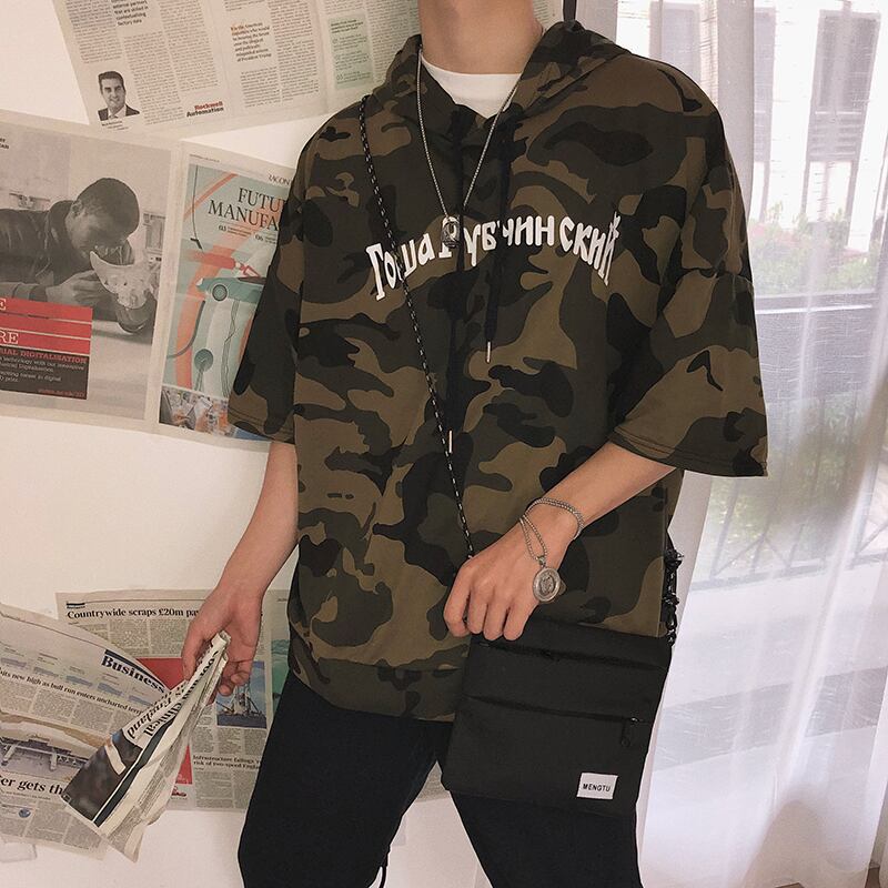 全1色 Tシャツ カットソー 迷彩 総柄 カジュアル フード付き