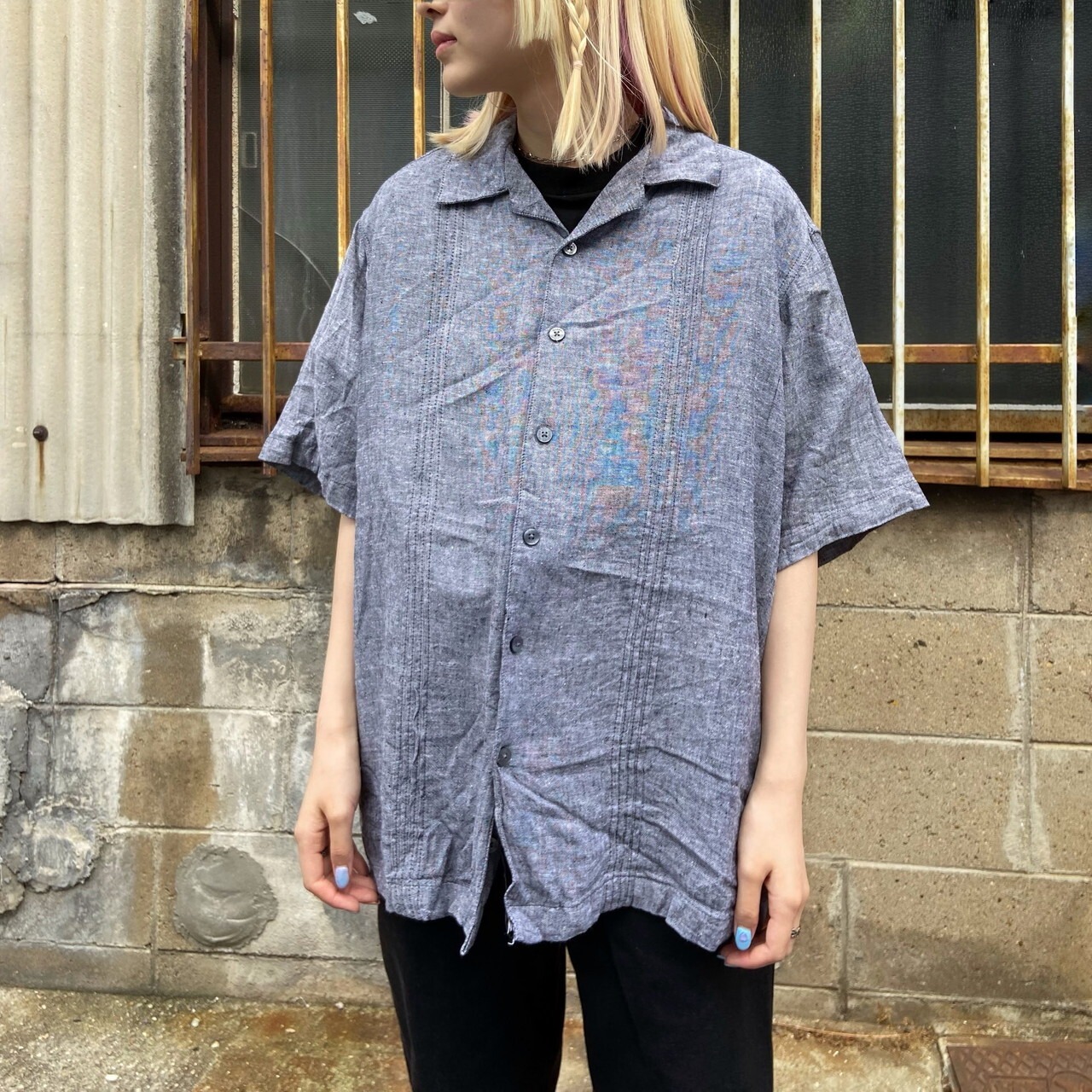 Haggar リネン×レーヨン オープンカラーシャツ メンズL相当 古着 
