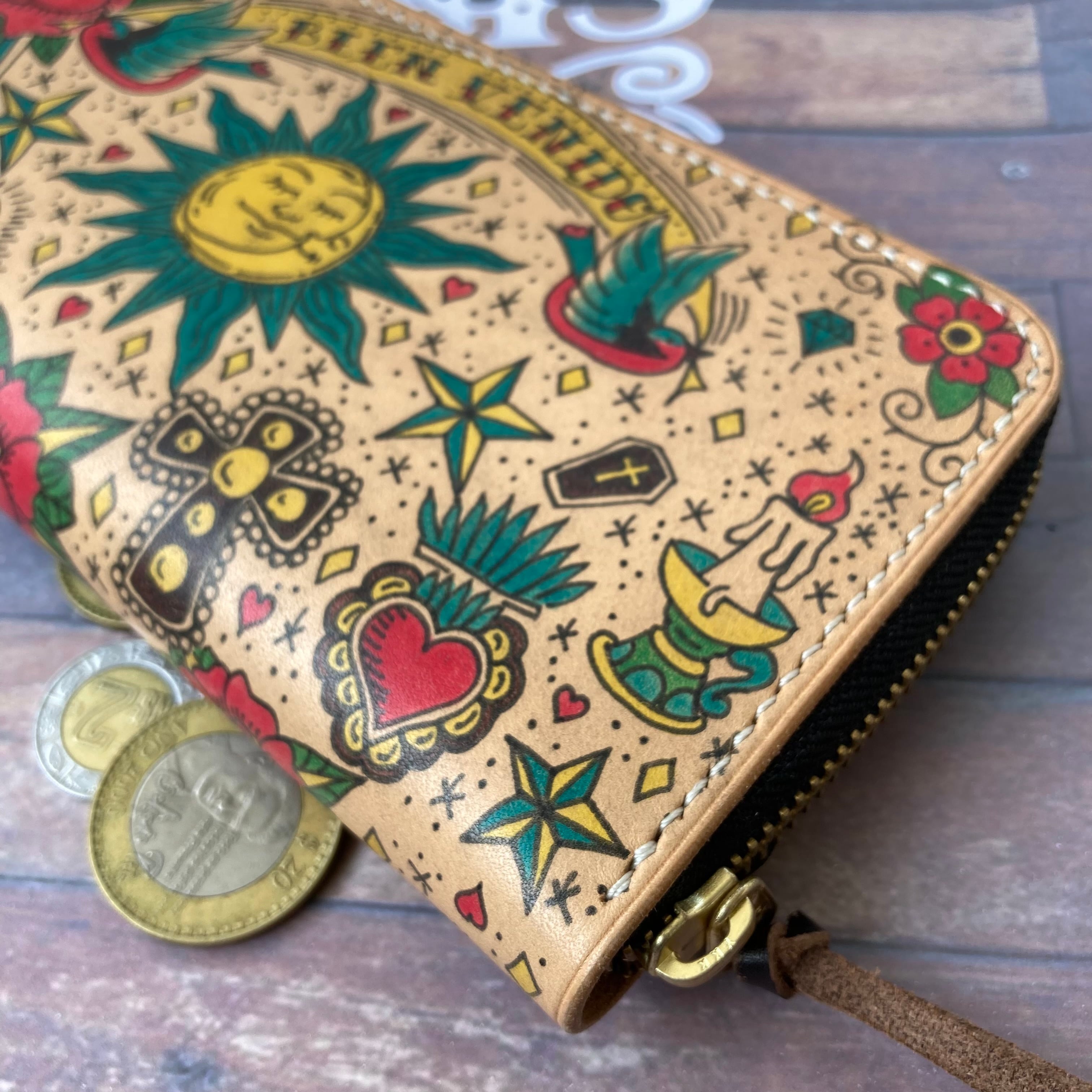 タトゥー × レザー》長財布 アメトラ オールドスクール 縁起物