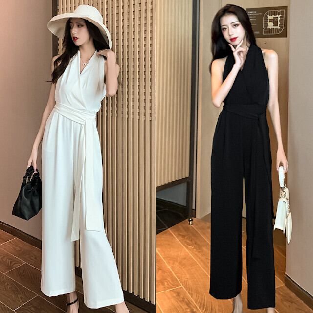 オールインワン レディース パンツスーツ カシュクール Vネック ワイドパンツ コンビネゾン サロペット ノースリーブ 全2色 ブラック/ホワイト S/M/L/XL