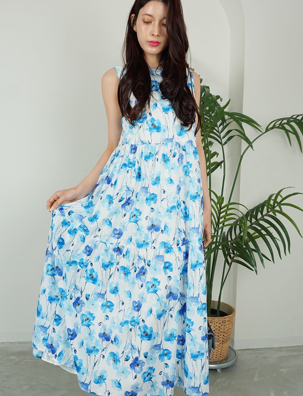 フラワーコットンティアードワンピース blue×white | amin pur